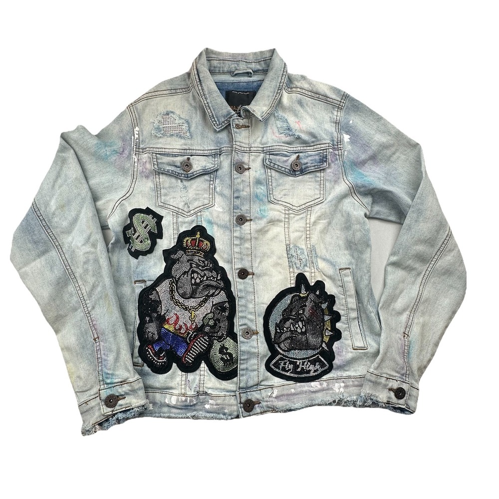 Majestik Denim‎ Jacket  Bulldog Rhinestone Studded Patches Distressed RARE M